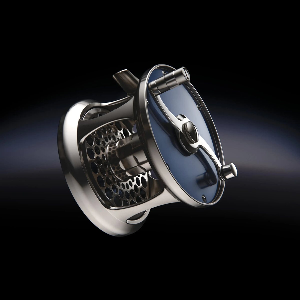 Render of a precision fishing reel with a polished frame, a perforated spool and a blue side plate with its handle.