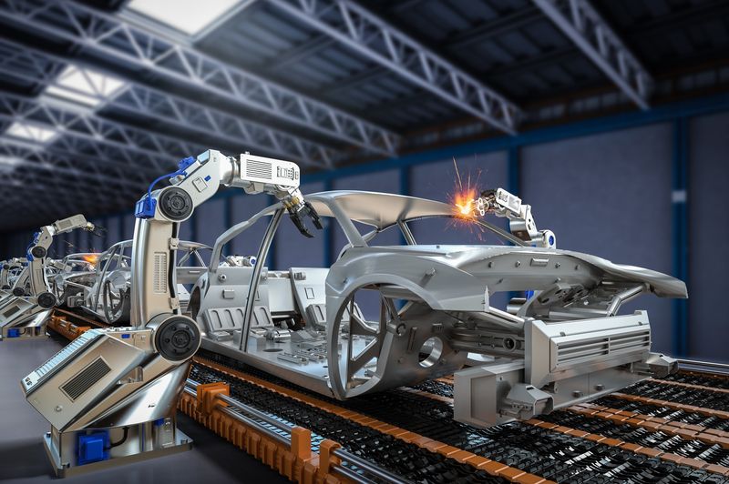 Robots welding car body shells on an automated assembly line.
