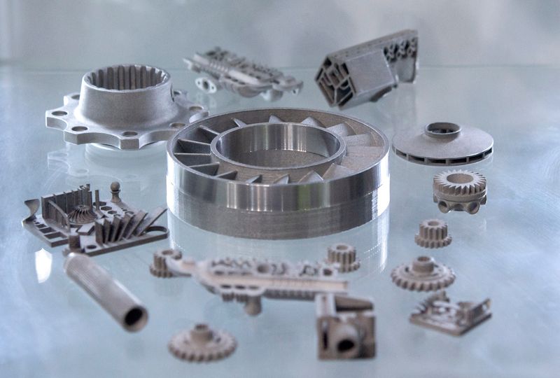 Metal parts made by 3D printing, including gears, an impeller and a flanged housing.