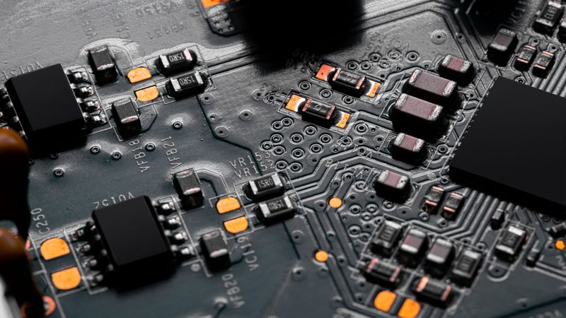 Close-up of surface-mount components on a printed circuit board.
