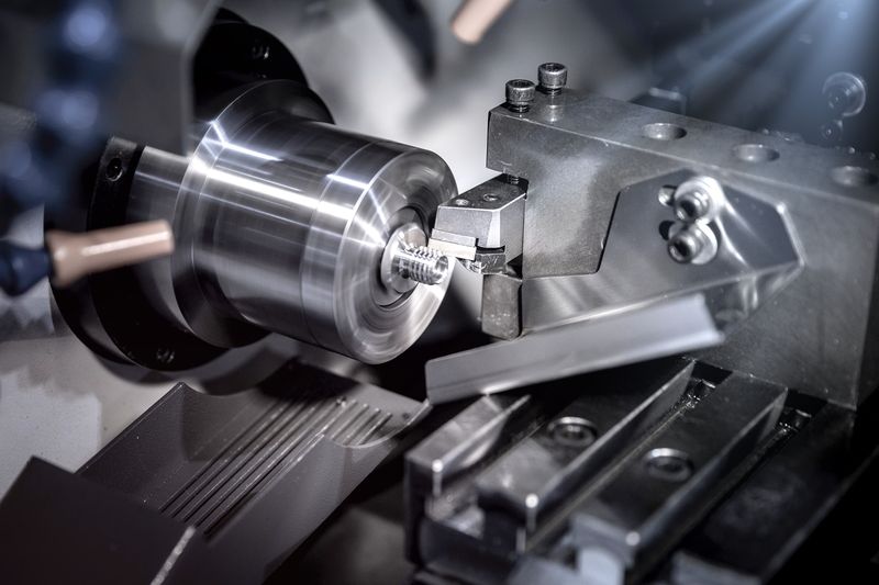 A cutting tool turning a threaded part on a CNC lathe.